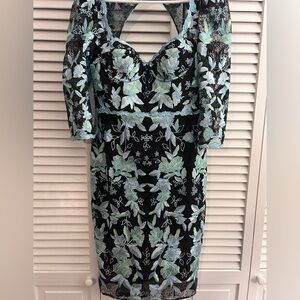 Marchesa Black and Green Floral Lace Dress**Like New** Worn once!
